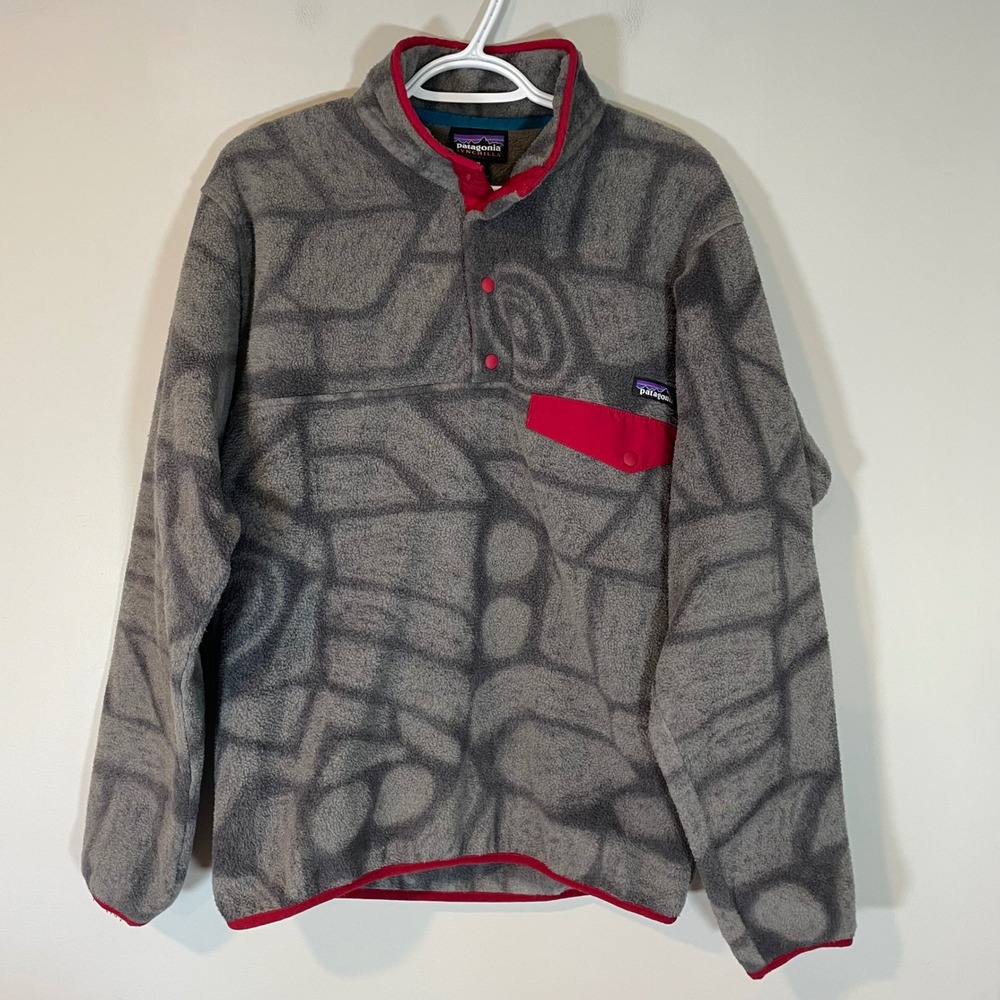 Patagonia Synchilla Snap-T Fleece Pullover Mens M Grey Red Aztec Tribal Pattern